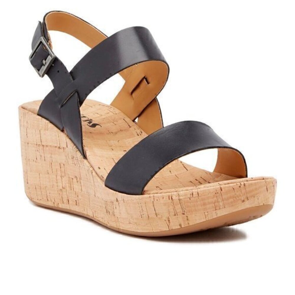 Korkease Black Leather Strap Cork Wedge Platform Sandals Size 7